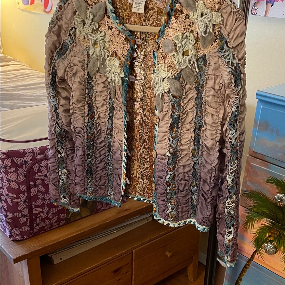 Floral Ruffled Jacket Sandy Starkman Boston Proper extra small 80% Silk